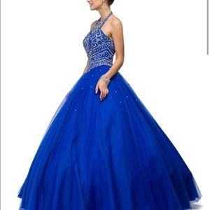 Royal Blue Studded Halter Sweet 16 Gown